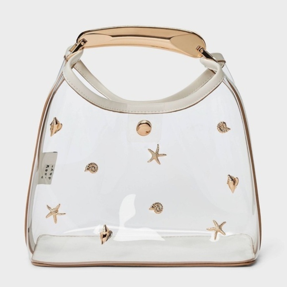 NWT! Transparent Beach-Themed Handbag with Gold Accents